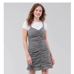 HOLLISTER Plad Ruched Spaghetti Strap Mini Dress